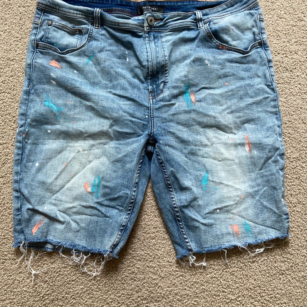 Light Blue Distressed Paint-Splatter Jean Shorts - Men